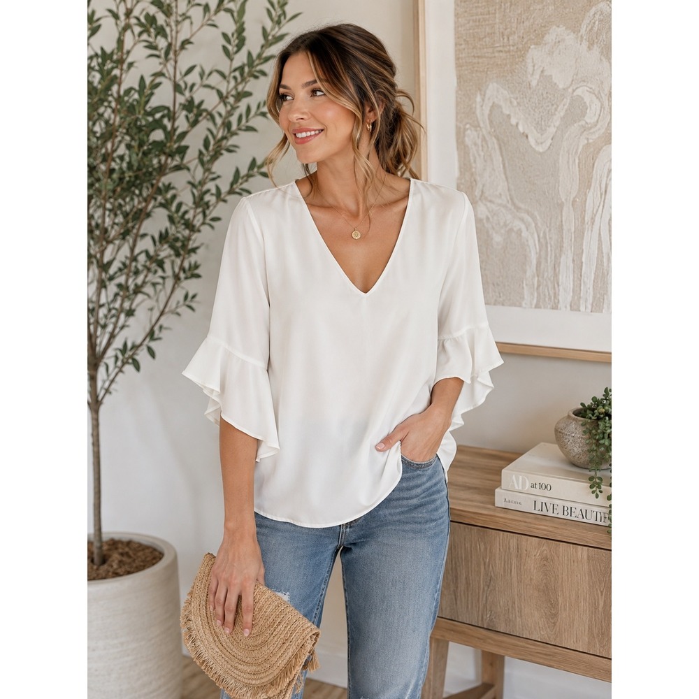 Calvin Klein Womens White V-Neck Bell Sleeve Blouse Top Medium M